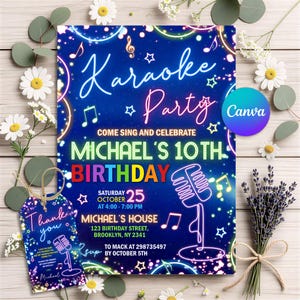 Neon Karaoke Birthday Invitation, Glow Sing and Celebrate Invite, Musical Stars Party, Digital Download, Editable Canva Template