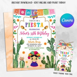 Fiesta Birthday Invitataion, Mexican Birthday Invitation, Mexican Theme Invitation, Any Age Birthday Invite, Digital Canva