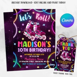 Roller Skate Invitation Template, Roller Skating Birthday Party Invitation, Retro Neon Lights, Editable in Canva