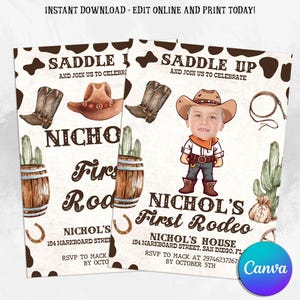 First Rodeo Invtation Template, Wild West birthday Invite, Cowboy Birthday Party Invitation, Country Western Invite, Editable in Canva