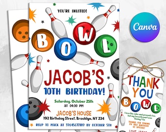 May include: Bowling-themed birthday party invitation and thank you tag. The invitation features a bowling pin and ball design with the text "JACOB'S 10TH BIRTHDAY!" and event details. A matching thank you tag is also included.