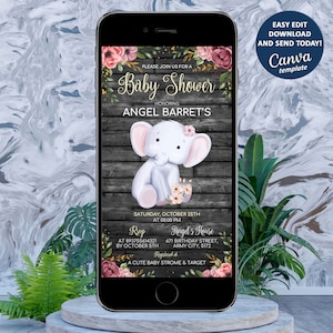 Editable Elephant Baby Shower Invitation, Elephant Invite, Elephant Baby Shower Evite, Editable in Canva