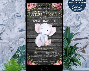 Editable Elephant Baby Shower Invitation, Elephant Invite, Elephant Baby Shower Evite, Editable in Canva
