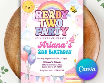 Ready Two Party Invitation Template, Girl 2nd Birthday Invite, Spring Party Invitation  Retro Invite  Digital Download