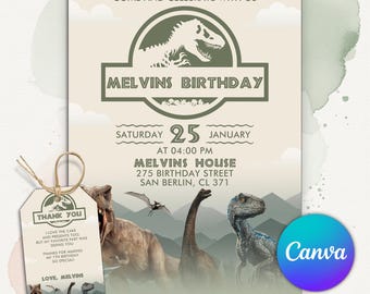 Invitación de cumpleaños de dinosaurio, invitación para fiesta de T-Rex, fiesta de cumpleaños de Dino World, cumpleaños jurásico (1.º, 3.º y 5.º), plantilla editable de Canva