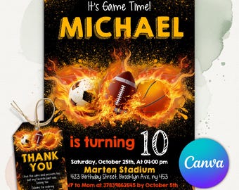 All Star Sports Birthday Invitation, Flaming Sports Party Invite, Football Basketball Soccer Theme, Kids Game Time, Editable Canva Template