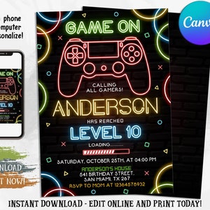 Convite editável para videogame, convite de aniversário para videogame, convite para festa de jogo, convite de aniversário para jogador, convite para videogame neon