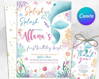 May include: A printable mermaid-themed first birthday party invitation with a watercolor mermaid tail, coral, and seashells. The invitation includes the text "Splish Splash Allana's first birthday bash" and details for the party. A matching thank you tag is also included with the text "Thank you" and a message from Allana.