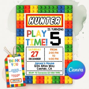 Bausteine-Geburtstagseinladung, digitale Einladung, Bau-Party-Geburtstag einladen, Sofort-Download, bearbeitbare Canva-Vorlage