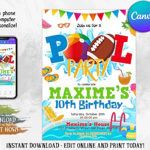 Football Pool Birthday Invitation, Pool Birthday Party Invite, Summer Party Invitation, Boys Birthday Invite, Any Age, Editable Canva