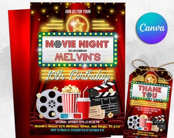 Editable Movie Night Birthday Invitation, Outdoor Party Invite, Backyard Movie Night Party Invitation, Cinema Birthday Party Invite, Canva