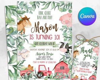 EDITABLE Farm Birthday Invitation, Barn Animals Party Invite Template ...