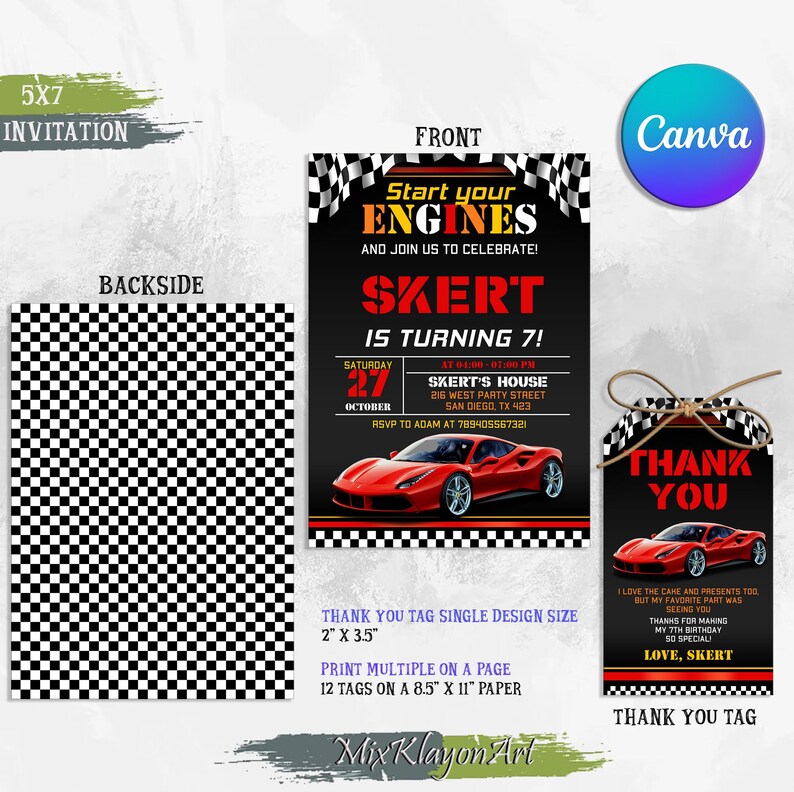 Motor Racing Theme Invitation Editable Race Car Invitation, Race Car Birthday Invitation, Race Car ...