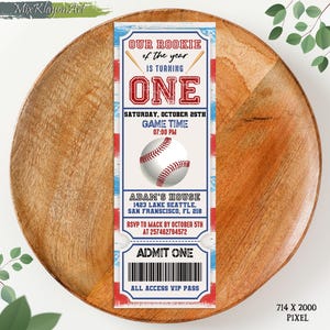 Baseball zum ersten Geburtstag einladen, Rookie des Jahres einladen, Baseball Ticket einladen Vorlage, Sport-Geburtstagsfeier, der gesamte Text ist bearbeitbar