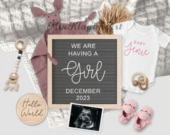 May include: A letter board with the text "We are having a girl December 2023". A pink baby blanket, a white onesie with the text "Baby Jennie", a wooden sign with the text "Hello World", a baby ultrasound image, and pink baby shoes with cat ears.