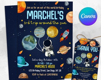 Plantilla de invitación de cumpleaños del espacio exterior, invitación de astronauta de nave espacial planetas, invitación de despegue de galaxia, editable, imprimible