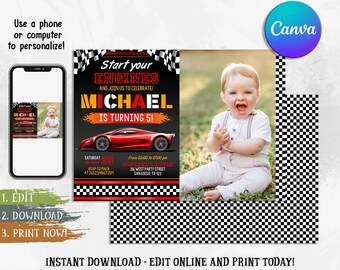 Editable Race Car Invitation, Race Car Birthday Party Invitation, Racing Car Birthday Invitation, Digital File, Instant Download