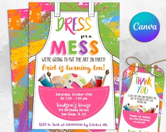 Invitación de cumpleaños de arte de pintura editable, invitación de cumpleaños de fiesta de arte, invitación de fiesta de artesanía de niña, invitación de tema de cumpleaños de arte de niña imprimible