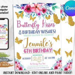 Editable Butterfly Invitation, Butterfly Birthday Party Invitation Template, Butterfly Kisses Pastel Printable Template, Digital File