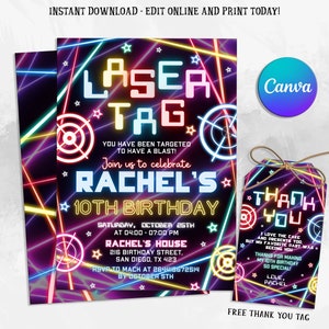 Editable Laser Tag Birthday Invitation, Laser Tag Party Invite, Neon Glow Laser Tag, Instant Download, Digital Canva