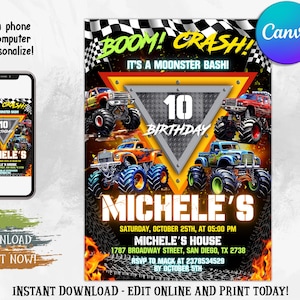 Faire-part d'anniversaire Monster Truck, invitation à une fête à thème Monster Truck, faire-part d'anniversaire Monster Jam, modèle de toile modifiable
