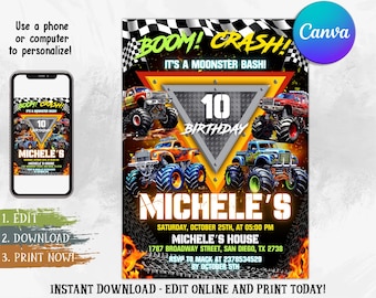 Monster Truck Birthday Invitation, Monster Truck Theme Party Invite, Monster Jam Birthday Party Invitation, Editable Canva Template