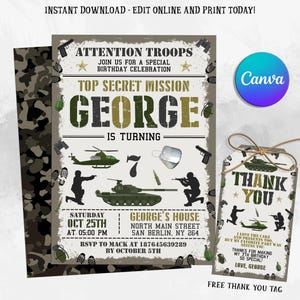 Faire-part d'anniversaire modifiable de l'armée, invitations à une fête militaire, fête d'anniversaire de soldat, camouflage, invitation pour enfants, tout âge, téléchargement immédiat
