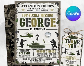 May include: A camouflage-themed birthday invitation for a boy turning seven. The invitation features a tank, a helicopter, and a soldier. The text on the invitation reads "Attention Troops, Top Secret Mission George is turning 7". The invitation also includes the date, time, and location of the party. A thank you tag with a tank and the text "Thank You" is also included.