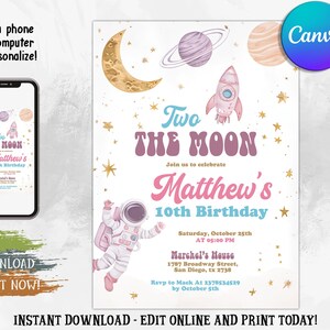 Two the Moon Birthday Invitation, Girl&#39;s Space Birthday Invitation, Pastel Outerspace Invitation, Two the Moon Party,  2nd Birthday Invite
