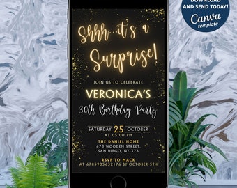 Shhh... it's a surprise e-invite, surprise neon party invite, Text Message Invitation, Mobile Phone invite, gold neon birthday invite