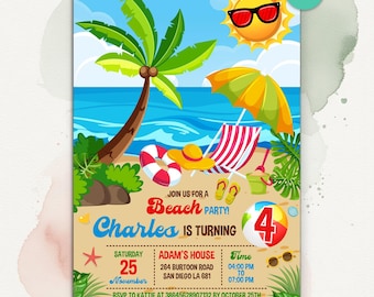Beach Party Birthday Invitation, Summer Surfboard Celebration, Tropical Ocean Theme Invite, Editable Canva Template