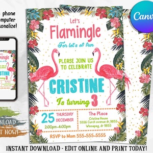 Flamingo Birthday Invitation, Girl Birthday,  Tropical Birthday, Flamingo Party, Summer, Printable Invites, Self Editing, 5x7