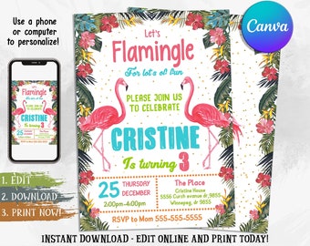 May include: A pink flamingo birthday invitation with a tropical theme. The invitation features a pink flamingo with the text "Let's Flamingle" and "Cristine is turning 3". The invitation also includes the date, time, and location of the party.
