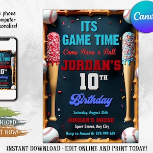 Editable Baseball Birthday Invitation, Baseball Drip Invitation, Ice Cream Drip Birthday Invitation, Softball Rookie Year, Any Age, Canva