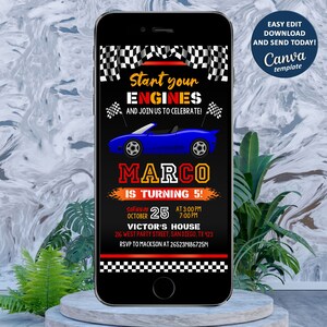 Eletronic Race Car Invitation, Race Car Birthday Party Invitation, Race Car Evite, Racing Car Phone Invitation, Editable with Canva