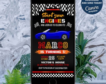Eletronic Race Car Invitation, Race Car Birthday Party Invitation, Race Car Evite, Racing Car Phone Invitation, Editable with Canva