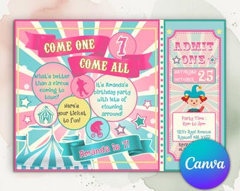 Circus Birthday Invitation, carnival Party Invite, Carnival Circus Invitation, Instant Download, Editable Canva Template