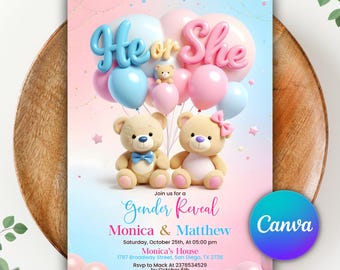 Editable Bears Gender Reveal Invitation, Pink And Light Blue He or She, Teddy Bear Idea Gender Reveal Invite, Canva Template