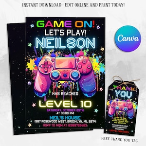 Editable Neon Game On Level Up Gaming Birthday Party Invitation, Video Game Birthday Invitation, Glow Game Party Printable Canva Template