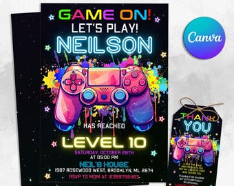 Editable Neon Game On Level Up Gaming Birthday Party Invitation, Video Game Birthday Invitation, Glow Game Party Printable Canva Template
