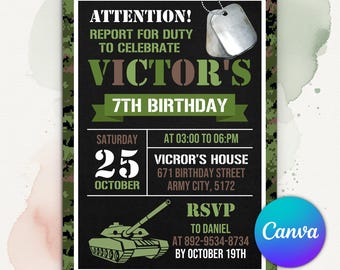 Army Birthday Invitation, Military Party Invite, Camouflage Soldier Celebration, Any Age Invitation, Editable Canva Template