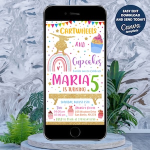 Editable Cartwheels and Cupcakes Birthday invitation, Gymnastics Party Invite,  Tumbling Birthday Invitation, Printable Instant Download
