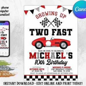 TWO Fast Birthday Invitation Vintage Race Car Birthday Two Fast Birthday Invite Retro Race Car Birthday Editable Digital Download Invitation