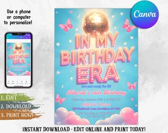 In mijn tijdperk uitnodiging, discobal verjaardagsfeestje uitnodigen, bewerkbare canva sjabloon, afdrukbare meisje verjaardagskaart, tijdperk themafeest