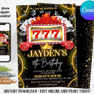 Editable Casino Birthday Invitation, Poker Birthday party, Casino Night Invite, Casino Retirement Party, Ace Plying Cards, Poker Party CANVA