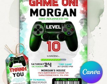 Video Game Birthday Invitation, Arcade Party Invite, Neon Level Up Birthday Party, Glow Gamer Invitation, Editable Canva Template