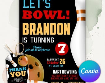 Bowling verjaardagsuitnodiging, Kids Strike Party uitnodiging, Let's Bowl, jongens Bowling verjaardagsfeestje, digitale download, bewerkbare canva-sjabloon