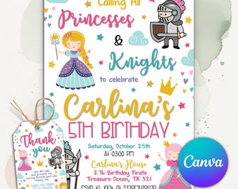 Princess and Knights Birthday Invitation, Fairytale Kingdom Party Invite, Royal Castle Birthday, Digital Download, Editable Canva Template