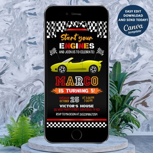 Eletronic Race Car Invitation, Race Car Birthday Party Invitation, Race Car Evite, Racing Car Phone Invitation, Editable with Canva