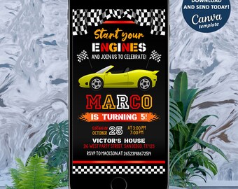 Eletronic Race Car Invitation, Race Car Birthday Party Invitation, Race Car Evite, Racing Car Phone Invitation, Editable with Canva